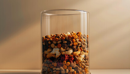 Poster - A transparent bulk bin filled to the brim and overflowing with pet food, set in a beige studio. Generative AI.