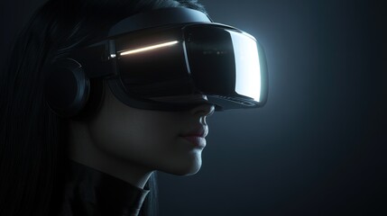 Poster - Woman Wearing Futuristic Virtual Reality Headset