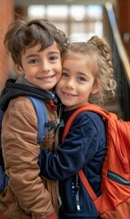 Wall Mural - Two kids hugging each other with backpacks on. AI.