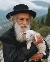 Wall Mural - A kind elderly man holds a young lamb in his arms. AI.