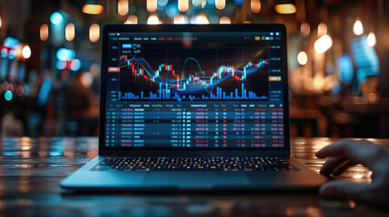 Laptop screen sports betting, front view, hands on laptop, showcasing financial charts with upward trending graphs and lines that symbolize positive trading results of growth, futuristic.