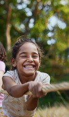 Poster - A young girl smiles and pulls on a rope during a game of tug of war. AI.