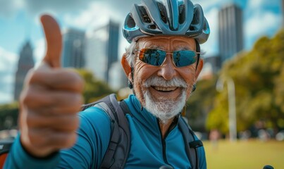 Canvas Print - A man gives a thumbs up while wearing a helmet and sunglasses. AI.