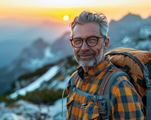 Poster - A man smiles while hiking in the mountains. AI.