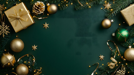 Sticker - christmas or new year frame decorations in gold colors on dark green color background with empty copy space for text. holiday and celebration concept for postcard or invitation. top view