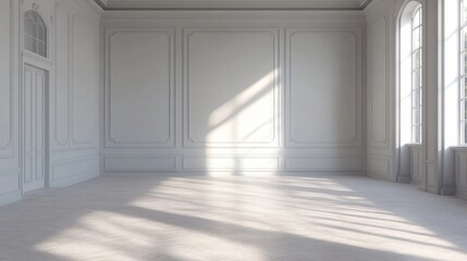 Poster - An expansive, elegant space illuminated by gentle sunlight filtering through tall windows, creating a tranquil ambiance