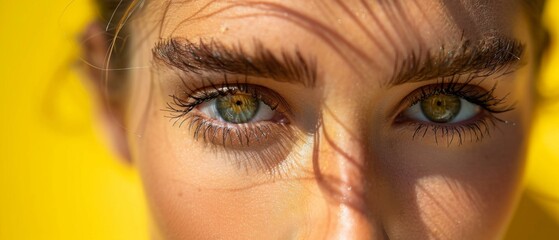 A close up of a woman's face with her eyes open. AI.