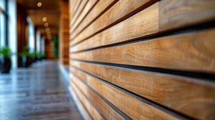 Wall Mural - A hallway with a wooden wall and some potted plants. AI.