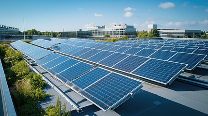 Aufkleber - Drone shot of solar panels on a business rooftop in a business park in summer. next to the solar panels. There are office buildings and trees in the distance. Generative AI.