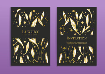 Black invitation card design with golden ornament pattern. Luxury vintage vector template. Can be used for background and wallpaper. Elegant and classic vector elements great for decoration.