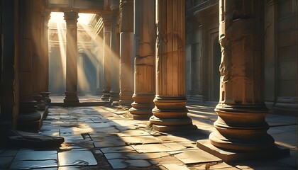 Wall Mural - This picture shows the pillars of an ancient building. Sunlight shines on the ground through the cracks in the building, creating a mysterious atmosphere.