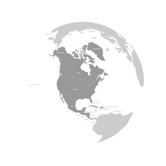 north america continent dark blue highlighted silhouette on earth globe. country name labels visible