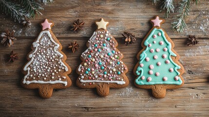 Gingerbread Christmas trees with colorful icing and decorations are arranged beautifully on a rustic wooden table, capturing holiday spirit