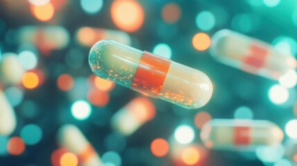 Poster - Capsules drift gracefully through a backdrop of colorful bokeh lights, enhancing the enchanting ambiance of the moment