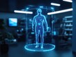 © Thi - A floating holographic avatar of a person in a futuristic office environment, used for digital communication.