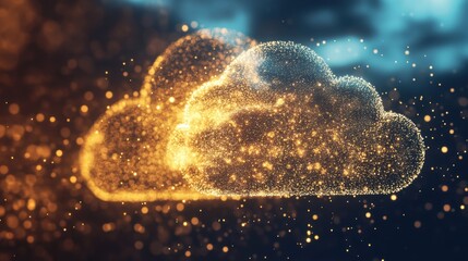 Fototapete - A glowing representation of cloud computing features vibrant clouds composed of luminous particles against a dark backdrop