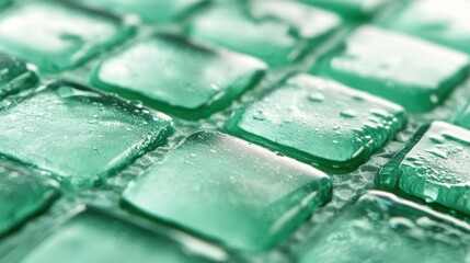 Poster - Textured green glass tiles glisten with moisture, highlighting their shape and reflective surfaces, creating a vibrant pattern