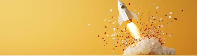 creative rocket launch concept with confetti explosion, representing innovation, success, and new be