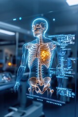 A floating holographic medical scan of a human skeleton in a high-tech medical facility, showcasing healthcare innovation.