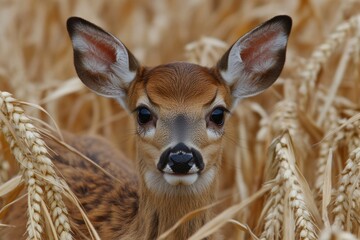 Curious fawn peeking golden wheat field