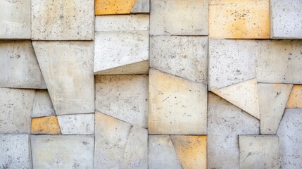 Poster - A geometric concrete wall texture displays a variety of forms with earthy tones, creating an intriguing backdrop for architectural elements