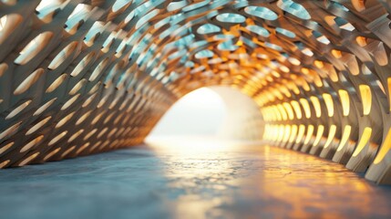 Poster - This architectural marvel features a wooden tunnel filled with warm, natural light that beckons visitors to wander through it