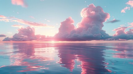 Poster - Soft pink and blue clouds floating above a tranquil sea at sunset, blending harmoniously with the water. Generative AI.