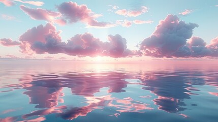 Poster - Soft pink and blue clouds floating above a tranquil sea at sunset, blending harmoniously with the water. Generative AI.