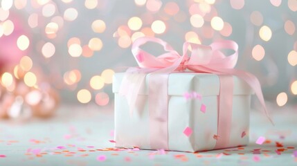 Wall Mural - A beautifully wrapped gift box with a pink ribbon sits surrounded by vibrant confetti, creating a festive atmosphere