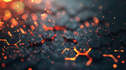 Fototapete - A striking textured background featuring hexagonal patterns illuminated by glowing elements, evoking a sense of advanced technology and innovation