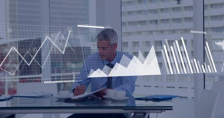 Poster - Animation of financial data processing over caucasian businessman working in office
