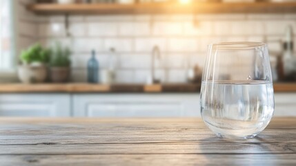 A clear glass filled with fresh drinking water rests on a wooden table in a sunny kitchen, highlighting a refreshing moment