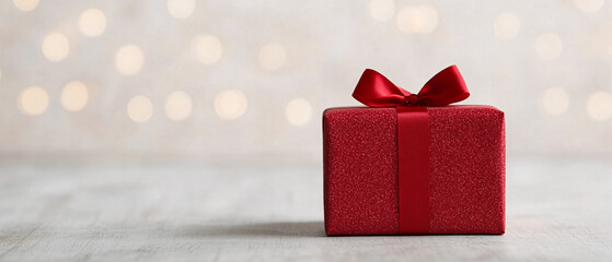 A beautifully wrapped red gift box with a ribbon, set against a blurred festive background, perfect for holidays and celebrations.