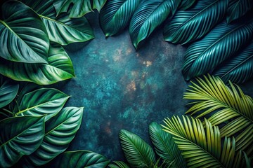 background, exotic, abstract, plant, leaf, lush, unique, vibrant, Tropical foliage with a textured background glows in a dark vibrant color tone captured from a worm s eye view