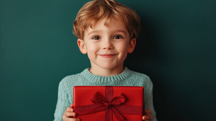 Smiling boy holding a red gift box, dressed in a cozy sweater against a teal background, perfect for holiday themes.