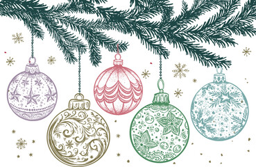 Sticker - Christmas balls on a fir tree branch, hand drawn illustrations