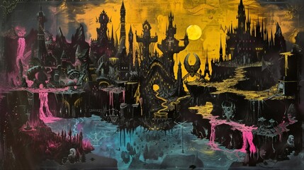 Wall Mural - A surreal illustration depicting a gothic castle with towers and a full moon above, set against a dark background with streaks of yellow and pink.