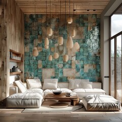 Wall Mural - An interior with a natural oak wooden floor, walls in neutral colors and a turquoise tile covering on the front wall. A double-sided sofa and pendant lamps. Large windows. Generative AI.