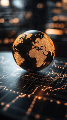Poster - A globe is lit up with a yellow glow. The globe is on top of a black background with a lot of lines and numbers