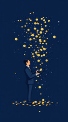 Poster - A man in a suit is holding a tablet and a pile of gold coins. Concept of wealth and prosperity