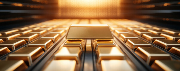 Poster - A gold coin is placed on a row of gold coins. Concept of wealth and luxury, as the gold coins are arranged in a neat and orderly fashion