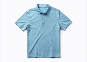 A blank, unfolded, light blue polo shirt with a relaxed fit and short sleeves lies on a clean,