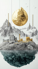 Poster - A mountain range with a city in the distance. A gold leaf is suspended in the air above the city