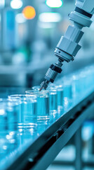 Poster - A robot is filling up a row of blue glass bottles. The bottles are lined up on a conveyor belt and the robot is filling them with liquid. The scene is industrial and efficient