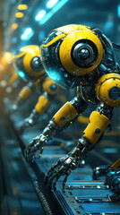 Poster - A robot is shown in a factory setting, with its arms outstretched and its legs bent. The robot is yellow and he is in motion, possibly working on a task. Concept of industriousness and efficiency