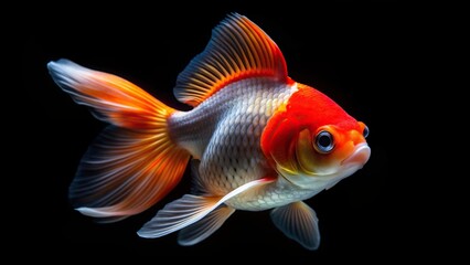 scales, fish tank, vibrant, close-up, depth of field, ornamental,red cap, beautiful, pet, underwater, Red Cap Oranda Goldfish isolated on black background with a shallow depth of field