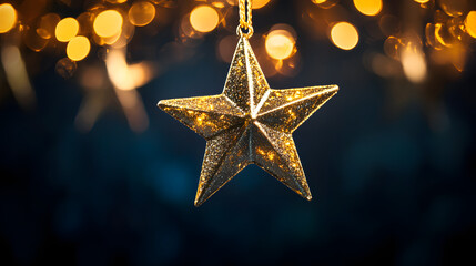 Poster - Gold star light hanging on dark background