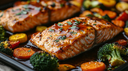 a baking tray with teriyaki salmon and oven-baked vegetables such as carrots and broccoli, healthy food with lots of omega 3, deliciously grilled fish