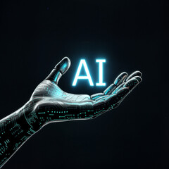 Poster - robot hand, artificial intelligence and technology background . Generative AI