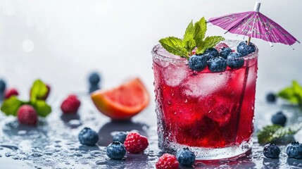 Wall Mural - Refreshing Summer Cocktail with Blueberries, Mint, and a Pink Umbrella